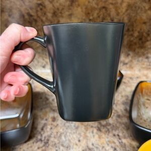 Square Black and Brown Ceramic Mugs. Set of 6.